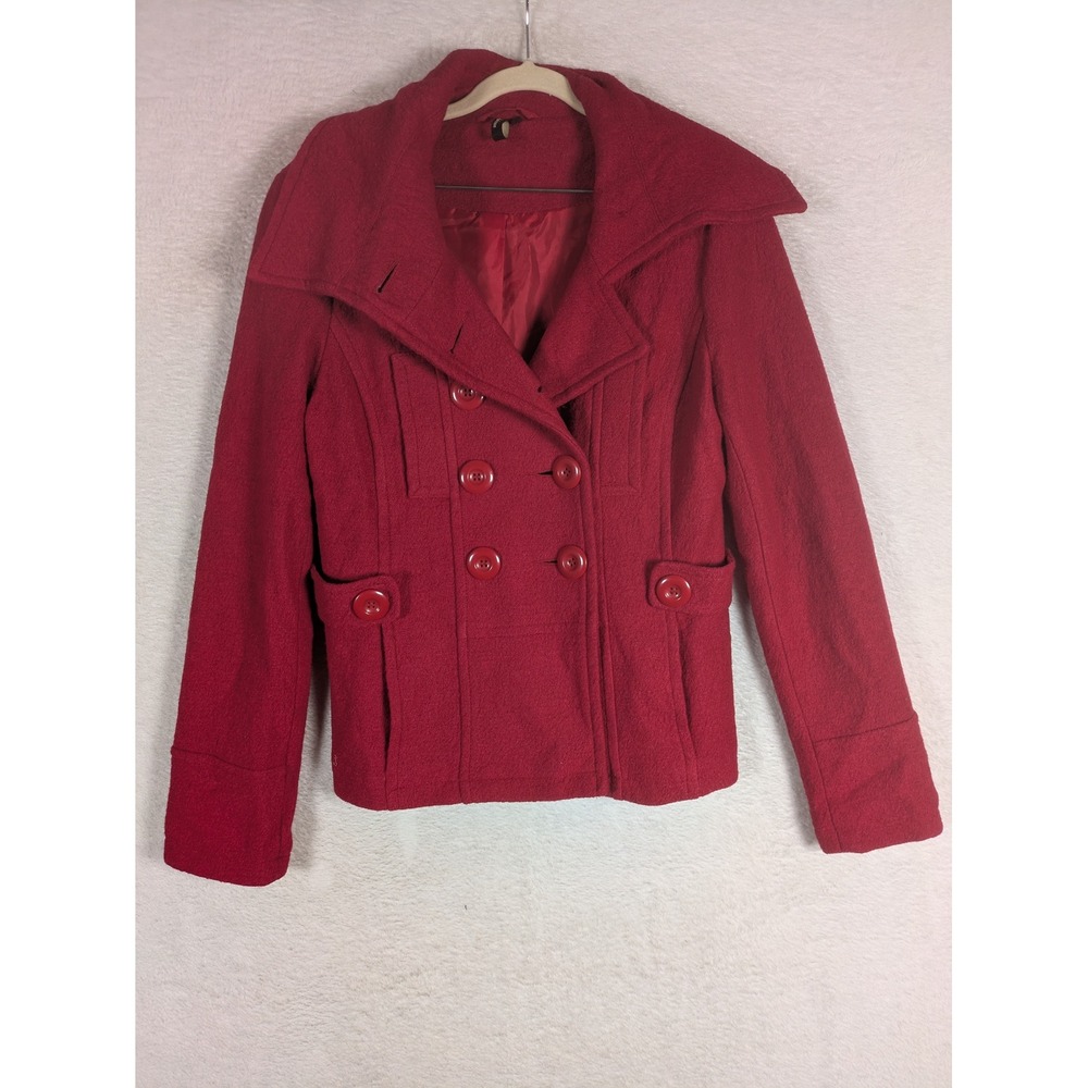 Ambition Peacoat Women's Medium Red Double Breasted Wool Blend Oversized Collar